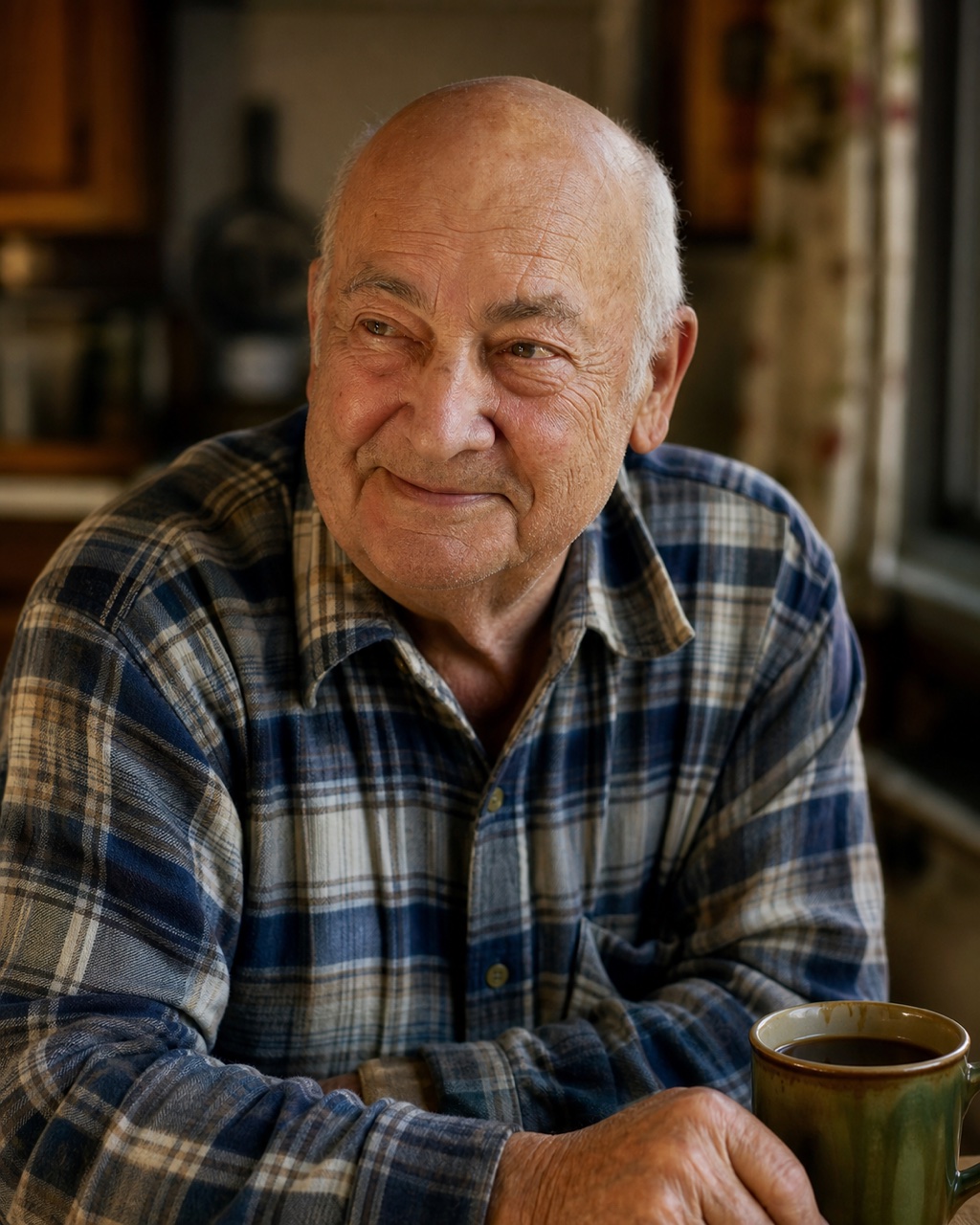 Ernest, an 84-year-old storyteller, at his kitchen table