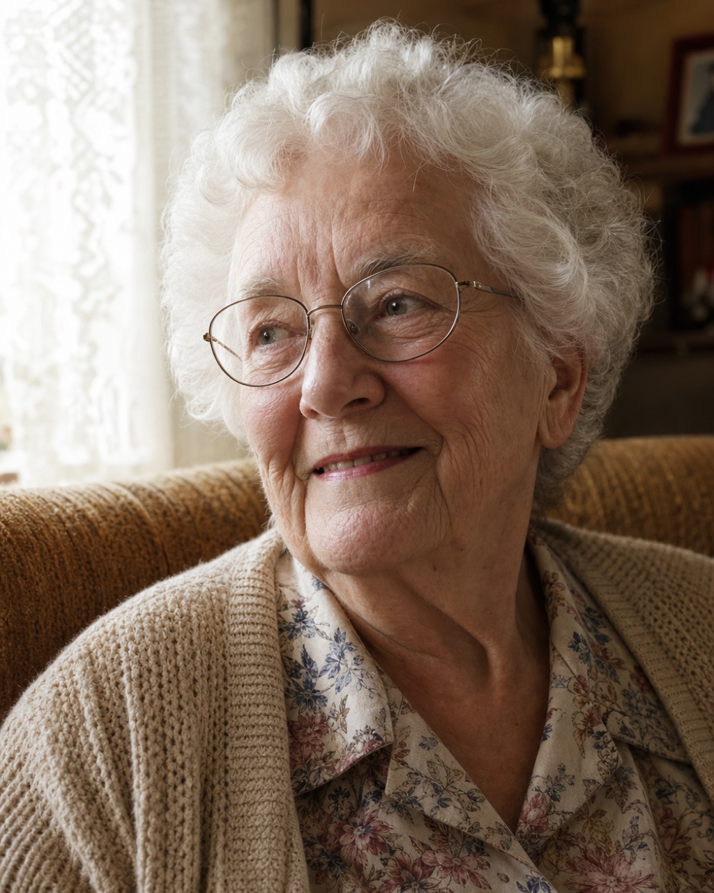 Janet, an 89-year-old storyteller, in her living room