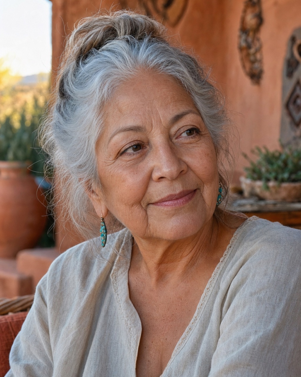 Rosa, a 76-year-old storyteller, on her porch in the evening light